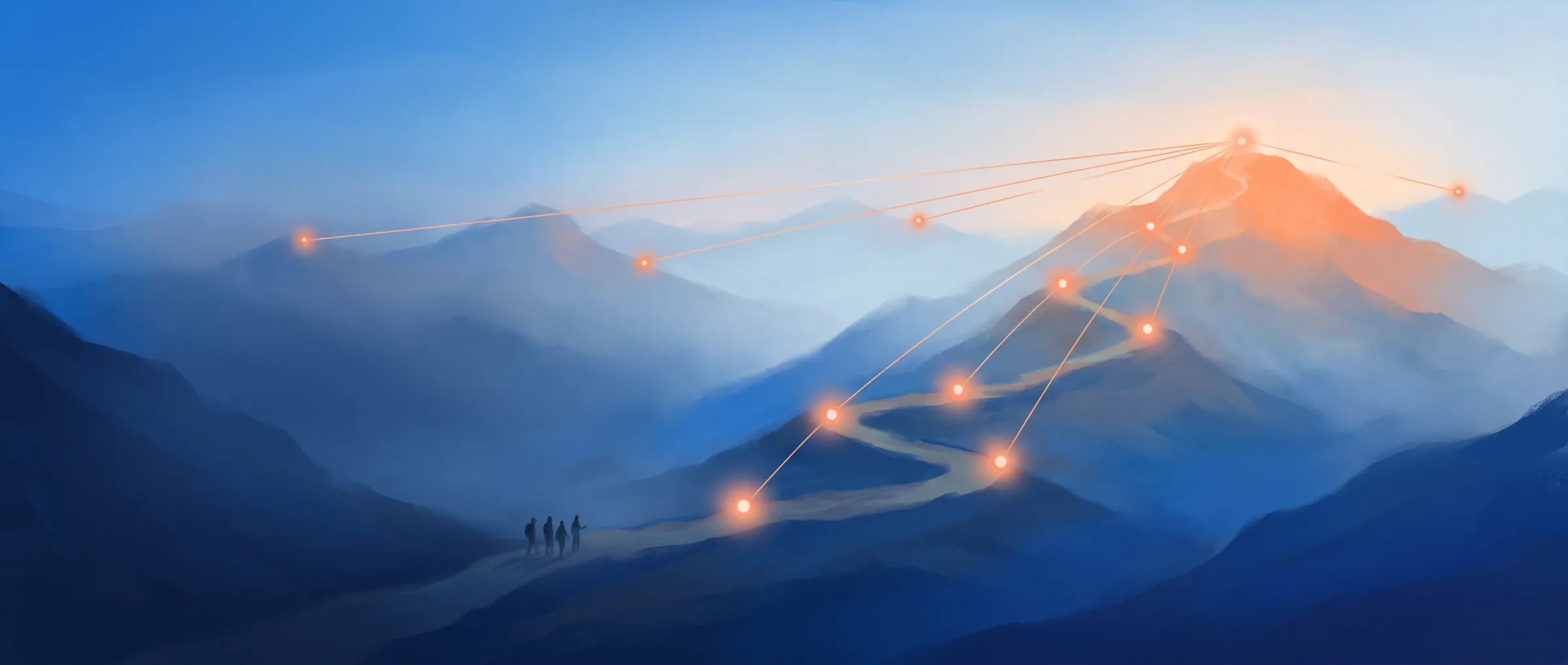 KI-generierte Grafik: Ein kleines Team geht einen Weg mit leuchtenden Stationen hinauf zu einem Gipfel im Morgenlicht.